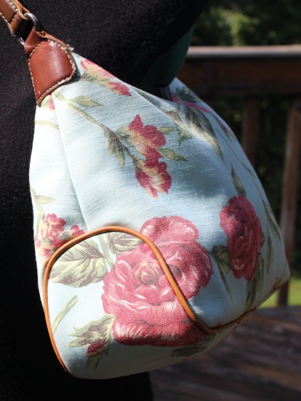 Fossil Floral Canvas Hobo Handbag - Brown Leather Straps and Trim - style 75082
